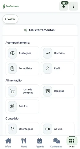 App do paciente no celular: tela Mais ferramentas com avaliações, histórico, formulários, lista de compras, receitas, rótulos e orientações.