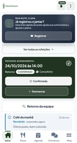 App do paciente: próxima refeição, próximo atendimento confirmado e retorno da equipe.