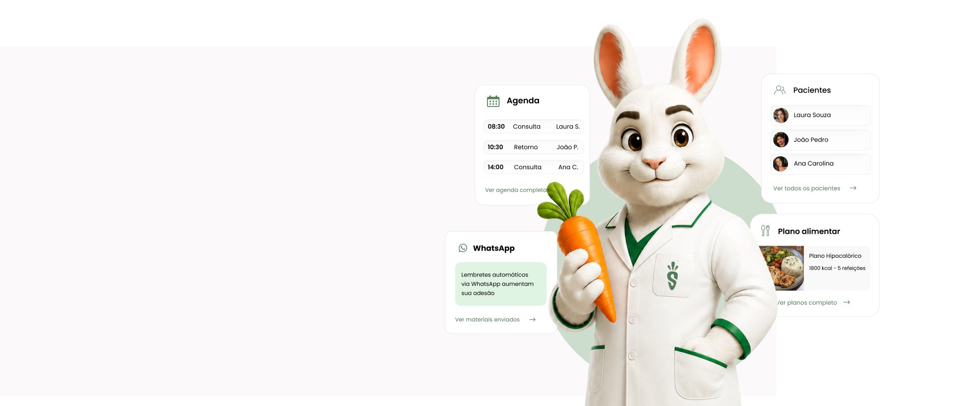 Plataforma SeuCenoura: agenda, pacientes, WhatsApp automático e plano alimentar em uma tela só, com o mascote do SeuCenoura.