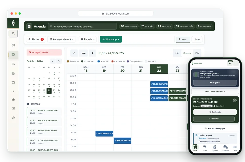Tela real do SeuCenoura: agenda da semana no computador, com as consultas confirmadas, e o app do paciente no celular, com a próxima refeição e o próximo atendimento.